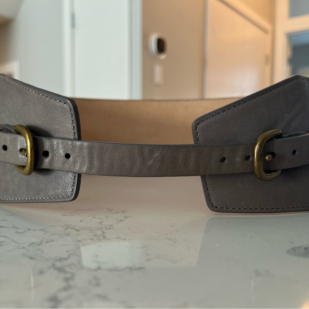 Wilfred Gray Leather Belt with double antique gold buckles